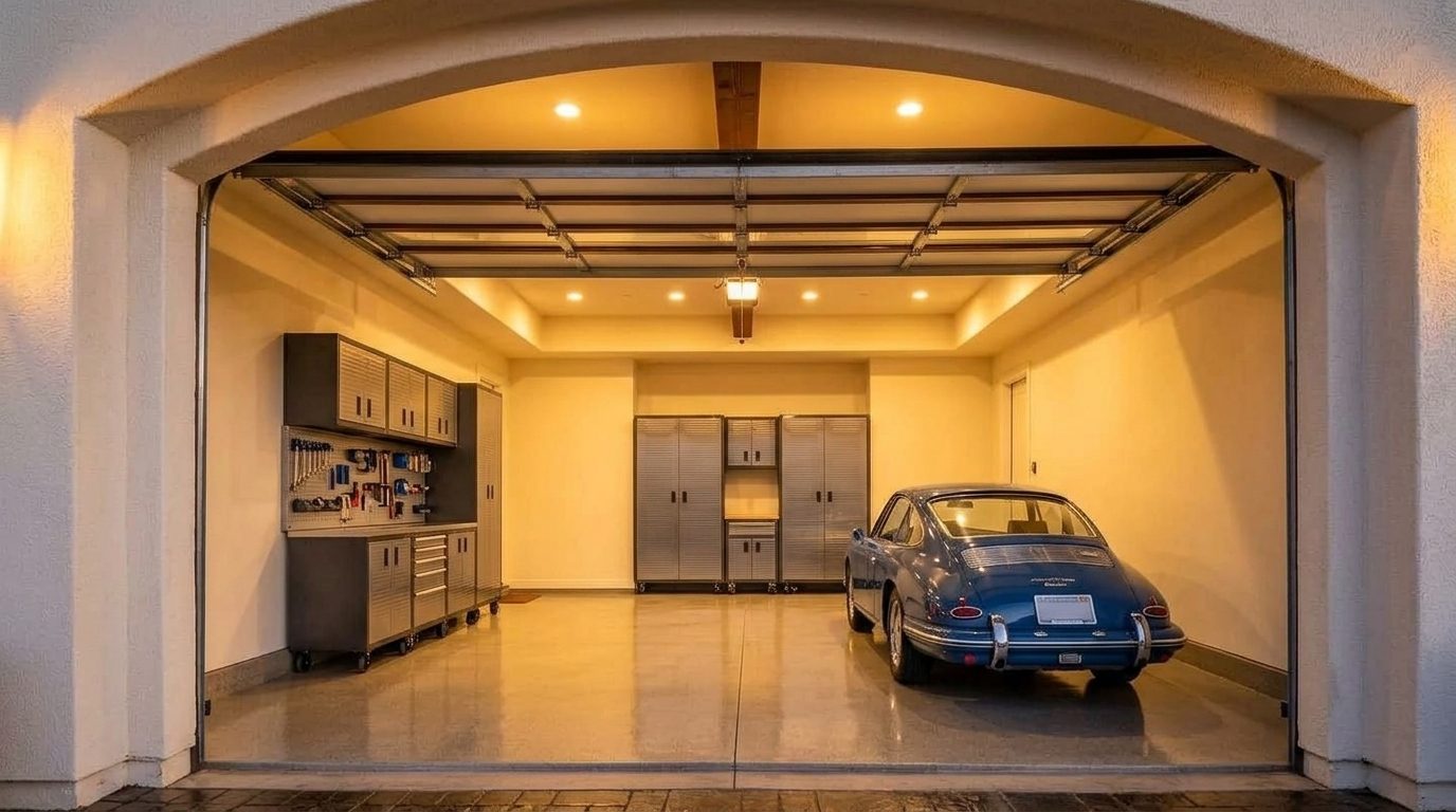 Sanchez Garage Door Service Interior View of Custom Garage Door Overhead and Workshop